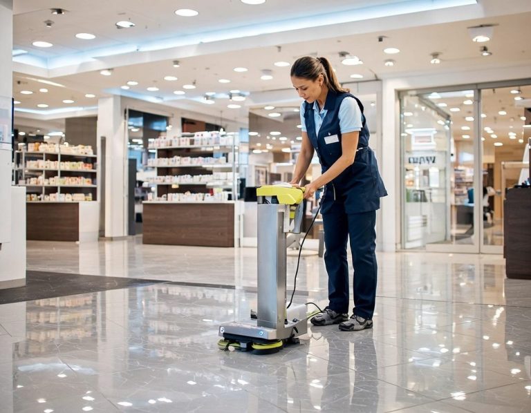 A professional office cleaning scene in Edinburgh showing a cleaner using high-quality equipment to sanitise desks and wipe surfaces.