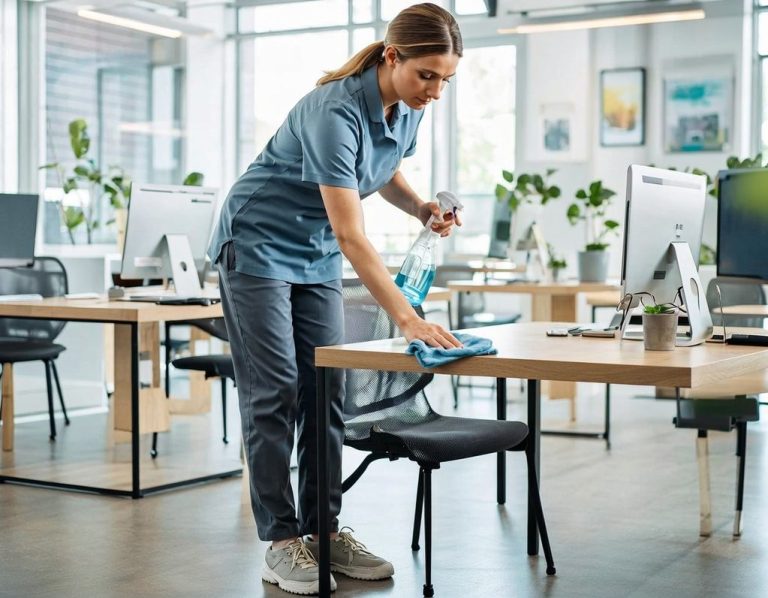 A professional office cleaning scene in Edinburgh showing a cleaner using high-quality equipment to sanitise desks and wipe surfaces.
